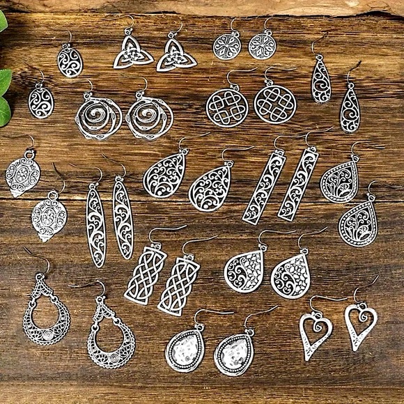 New 16 Pair antique silver tone earrings bundle - Picture 1 of 9